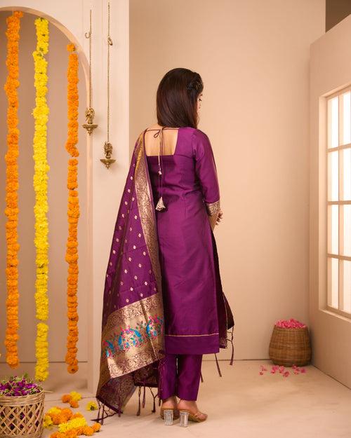 Annam Magenta Semi Banaras Suit Set