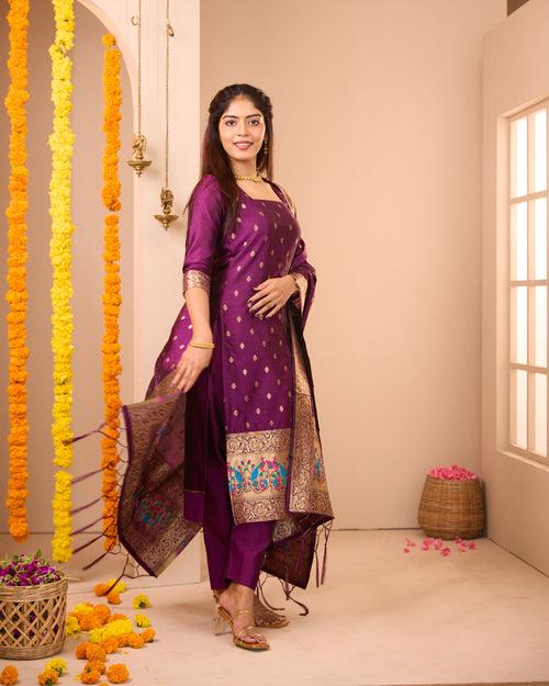 Annam Magenta Semi Banaras Suit Set