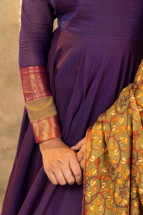 Navy Blue Zari Anarkali With Kalamkari Dupatta