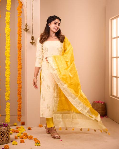 Offwhite- Yellow Soft Semi Banaras Suit Set