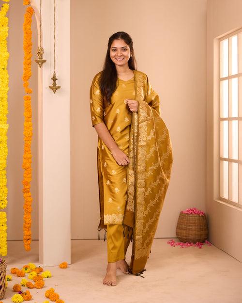 Samanthi Mustard Semi Banarasi Suit Set