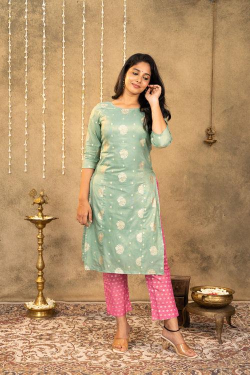 Sea Green - Pink  Brocade Kurta Set