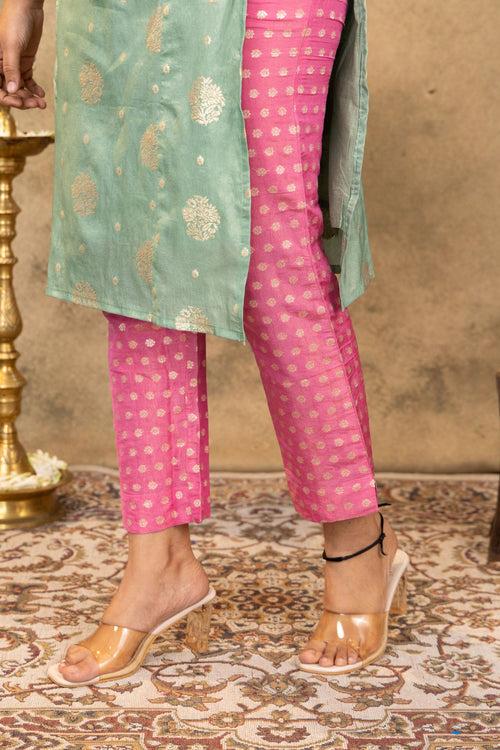 Sea Green - Pink  Brocade Kurta Set