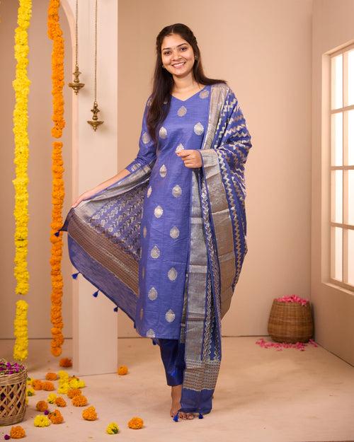 Sharmika Blue Semi Banarasi Suit Set