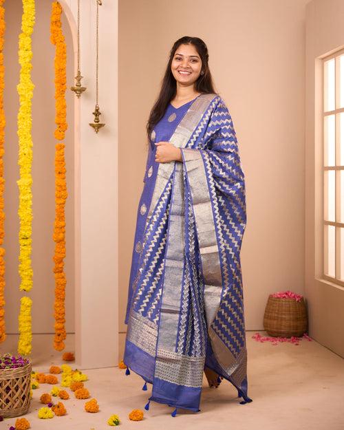 Sharmika Blue Semi Banarasi Suit Set