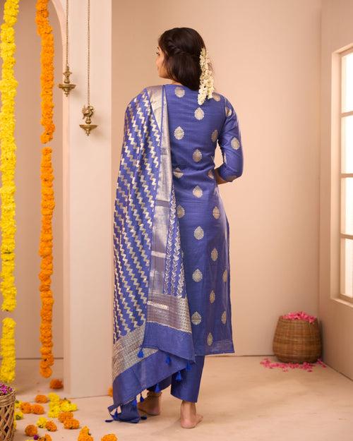 Sharmika Blue Semi Banarasi Suit Set