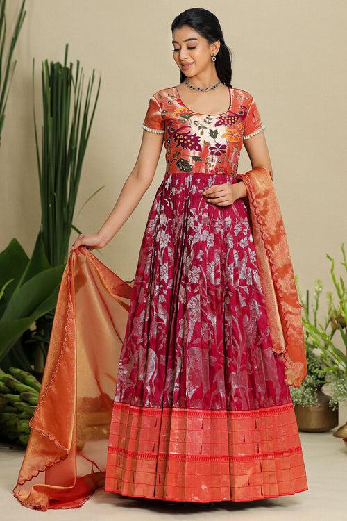 Red and Wine combination Pethani Zari Dress