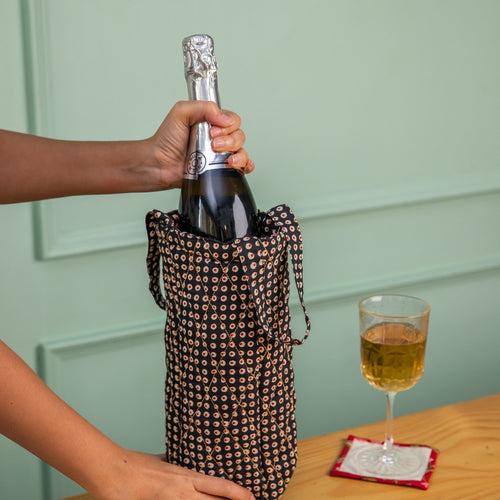 Black Polka Blockprinted Wine Bottle Bag