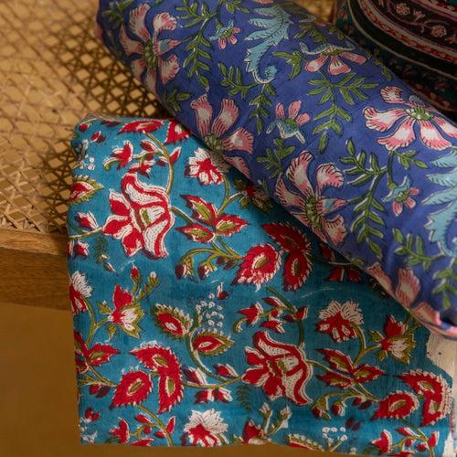 Blue and Red Traditional Floral Hand Blockprinted Cotton Fabric