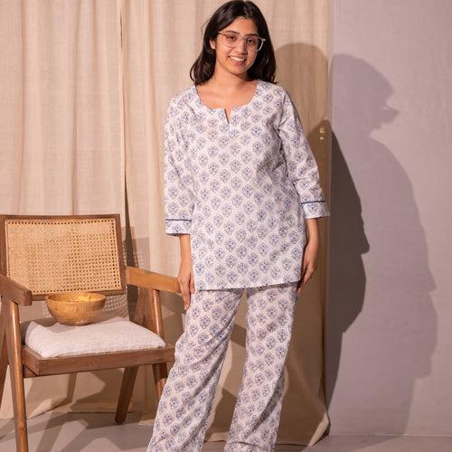 Blue and White Bela Blockprinted Loungewear Pyjama Set