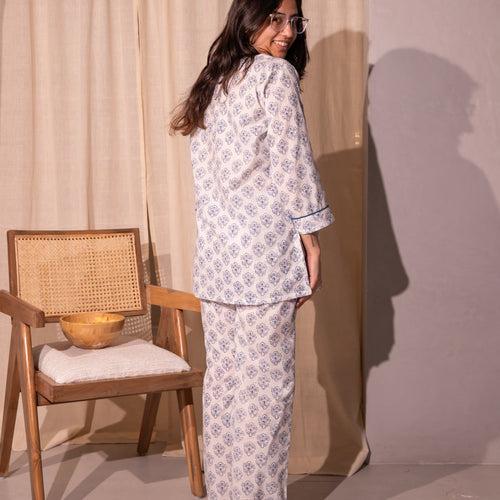 Blue and White Bela Blockprinted Loungewear Pyjama Set