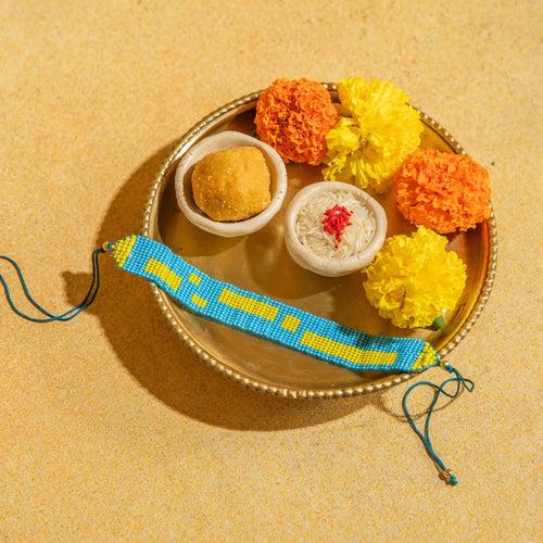 Blue and Yellow Beadwork Rakhi