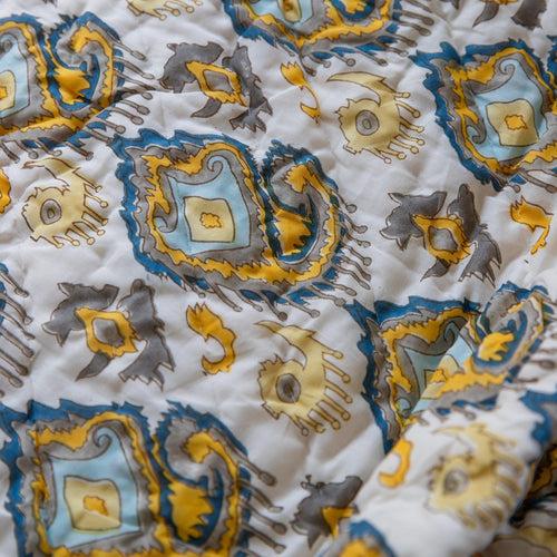 Grey and Yellow Ikat Blockprinted Handmade Quilt Set