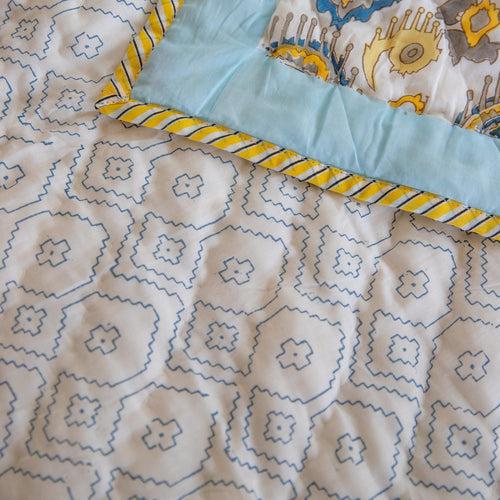 Grey and Yellow Ikat Blockprinted Handmade Quilt Set