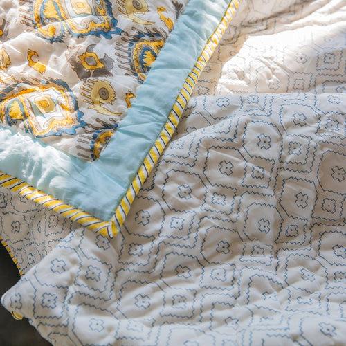 Grey and Yellow Ikat Blockprinted Handmade Quilt Set