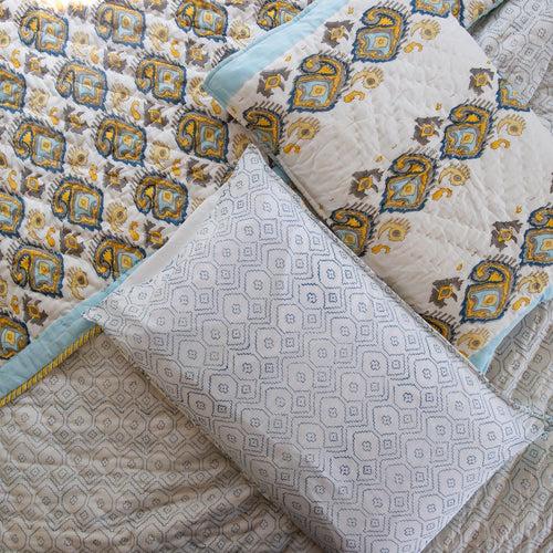 Grey and Yellow Ikat Blockprinted Handmade Quilt Set