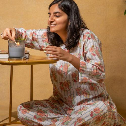 Kentish Rose Stripe Blockprinted Loungewear Pyjama Set