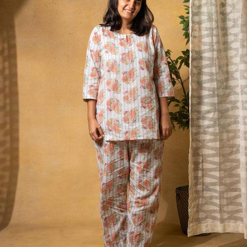 Kentish Rose Stripe Blockprinted Loungewear Pyjama Set