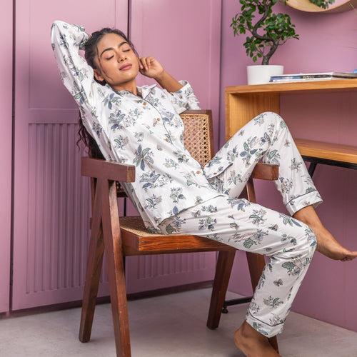 White Tropical Tango Cotton Loungewear Pyjama Set