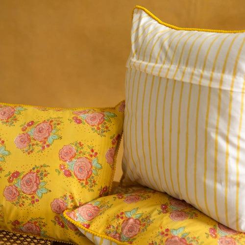 Yellow Kentish Rose Blockprinted Cushion Cover