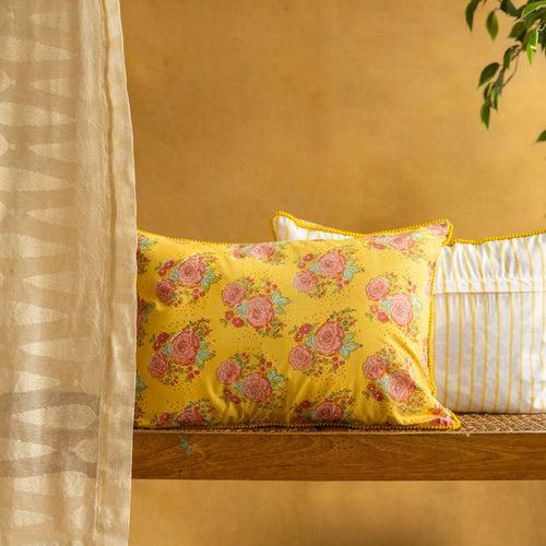 Yellow Kentish Rose Blockprinted Cushion Cover