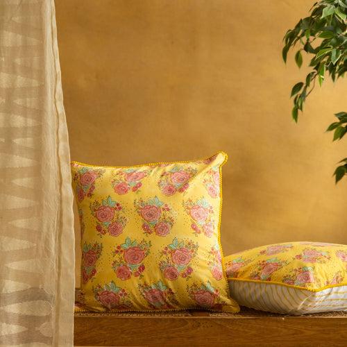 Yellow Kentish Rose Blockprinted Cushion Cover