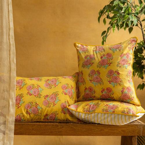 Yellow Kentish Rose Blockprinted Cushion Cover