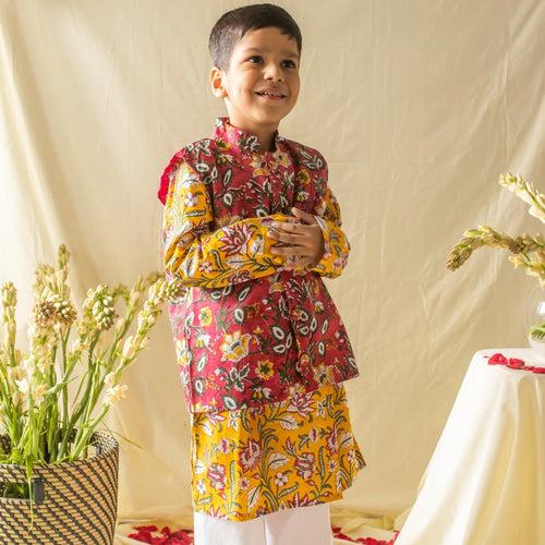 Yellow & Pink Floral Jaal Printed Boys Kurta with Waist Coat and Pyjama