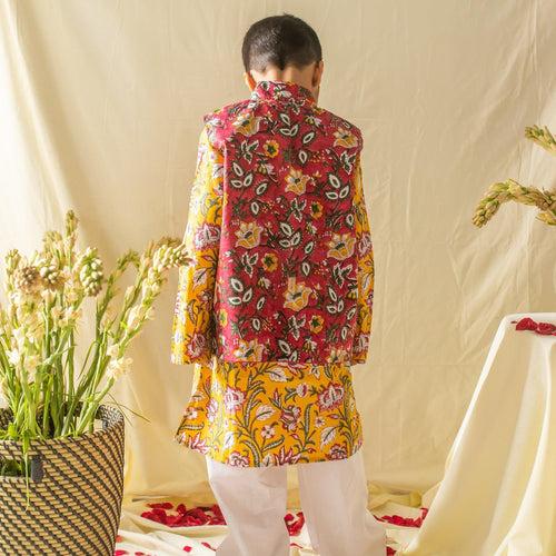 Yellow & Pink Floral Jaal Printed Boys Kurta with Waist Coat and Pyjama