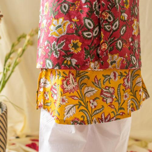 Yellow & Pink Floral Jaal Printed Boys Kurta with Waist Coat and Pyjama