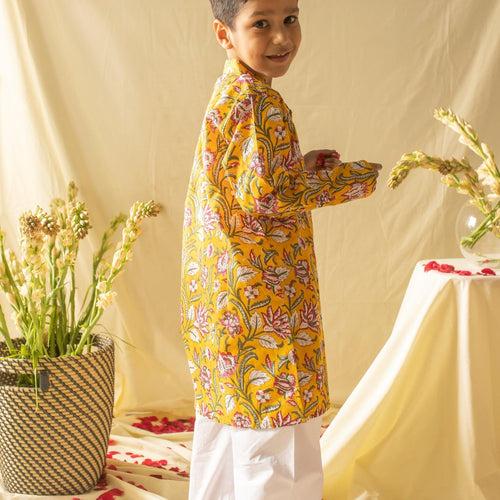 Yellow & Pink Floral Jaal Printed Boys Kurta with Waist Coat and Pyjama