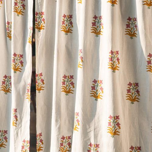 Yellow and Pink Palash Blockprint Cotton Sheer Curtain