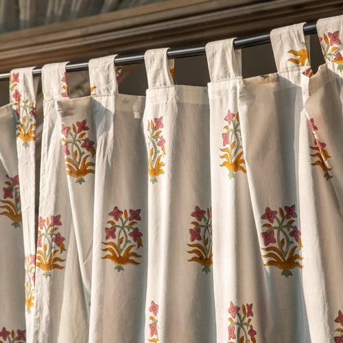 Yellow and Pink Palash Blockprint Cotton Sheer Curtain