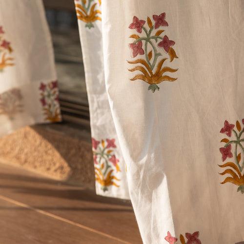 Yellow and Pink Palash Blockprint Cotton Sheer Curtain