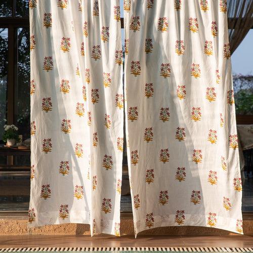 Yellow and Pink Palash Blockprint Cotton Sheer Curtain