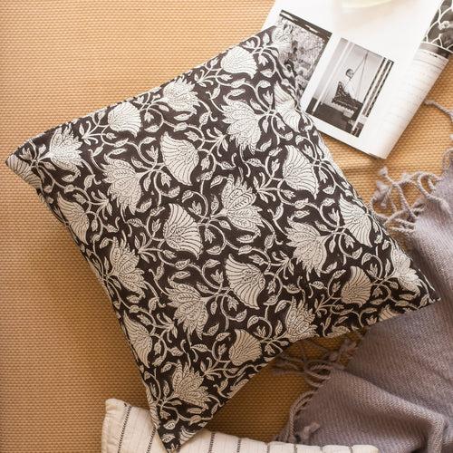 Black Dahlia Blockprint Print Cushion Cover