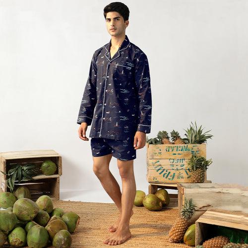 Navy Tropica Cotton Notched Shorts Set