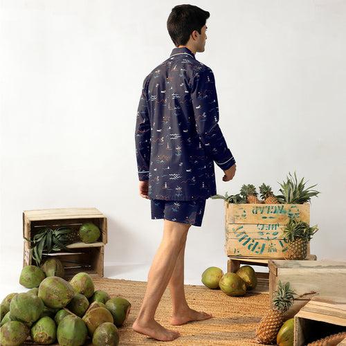 Navy Tropica Cotton Notched Shorts Set