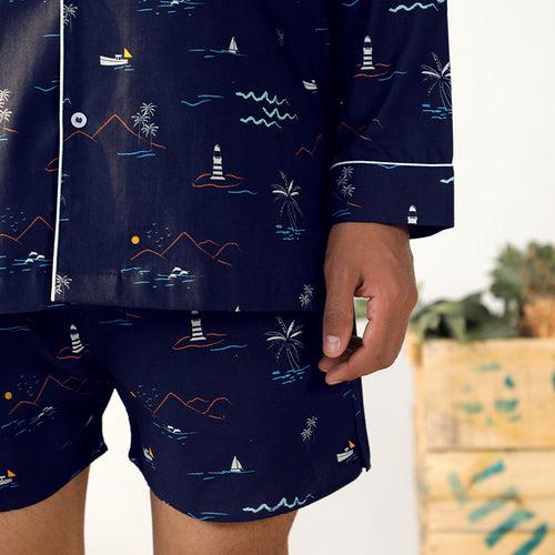 Navy Tropica Cotton Notched Shorts Set