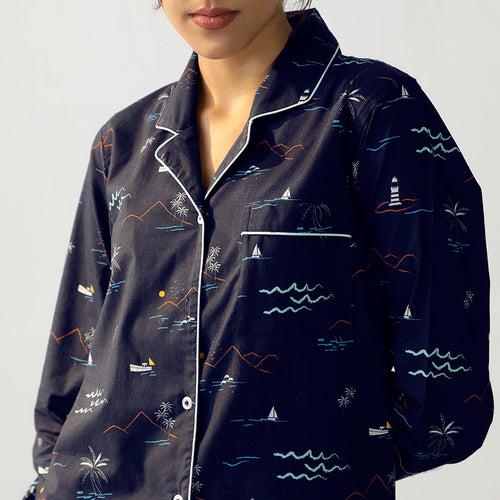 Navy Tropica Cotton Notched Collar Pyjama Set