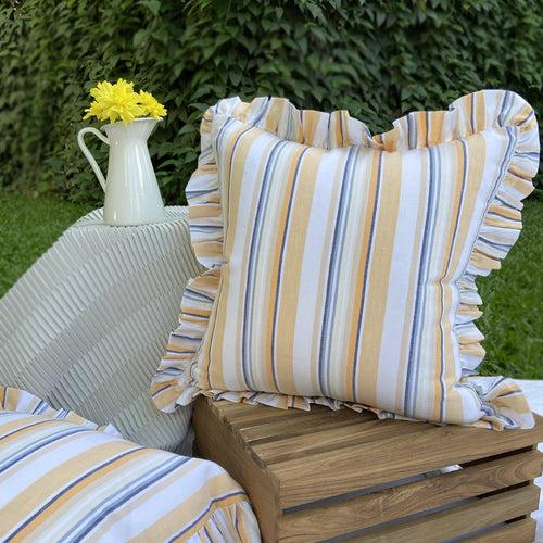 Ochre & Wild Blue Frilled Edge Striped Woven Cushion