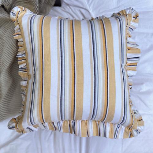 Ochre & Wild Blue Frilled Edge Striped Woven Cushion