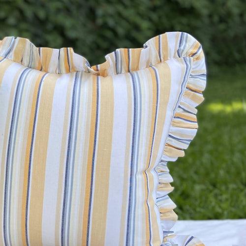 Ochre & Wild Blue Frilled Edge Striped Woven Cushion