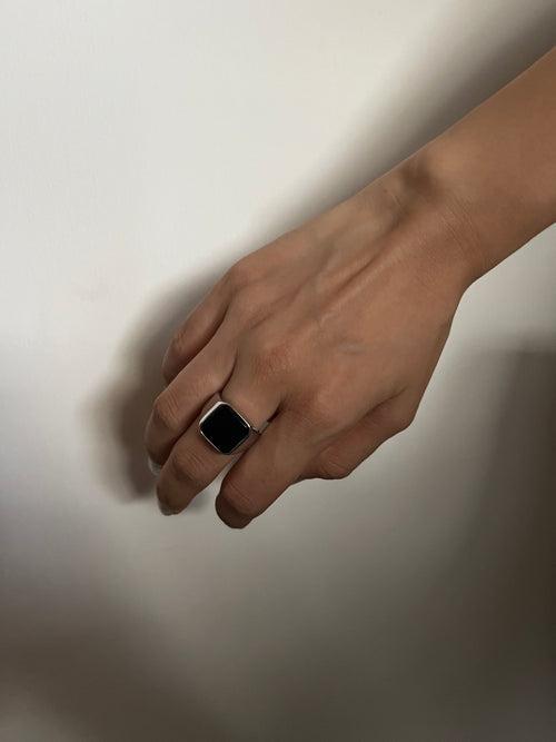 Obsidian Signet Ring Silver - Square