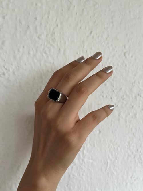 Obsidian Signet Ring Silver - Rectangle