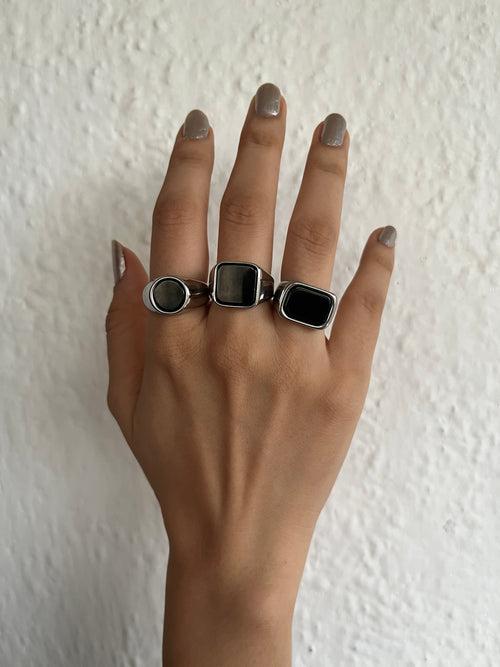 Obsidian Signet Ring Silver - Square