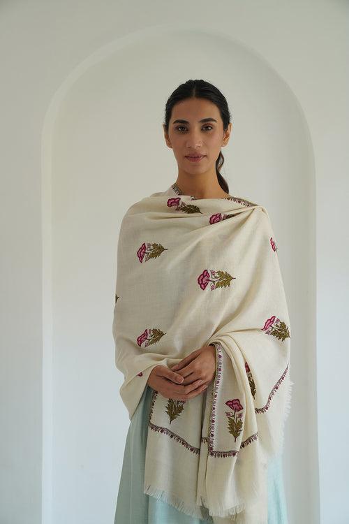 Zaza Allover Buti Hand Embroidered Pashmina Shawl Ivory