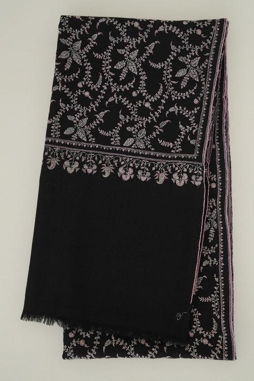 Sozni Jaaldar Hand Embroidered Pashmina Shawl Black Pink