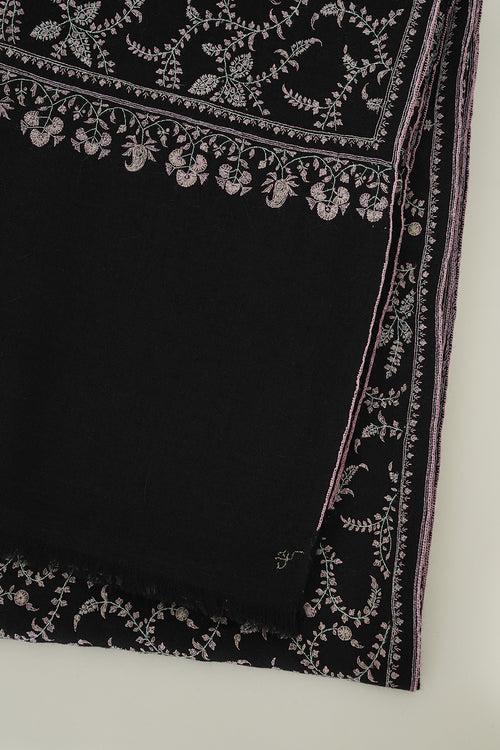 Sozni Jaaldar Hand Embroidered Pashmina Shawl Black Pink
