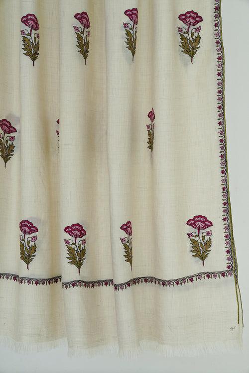 Zaza Allover Buti Hand Embroidered Pashmina Shawl Ivory